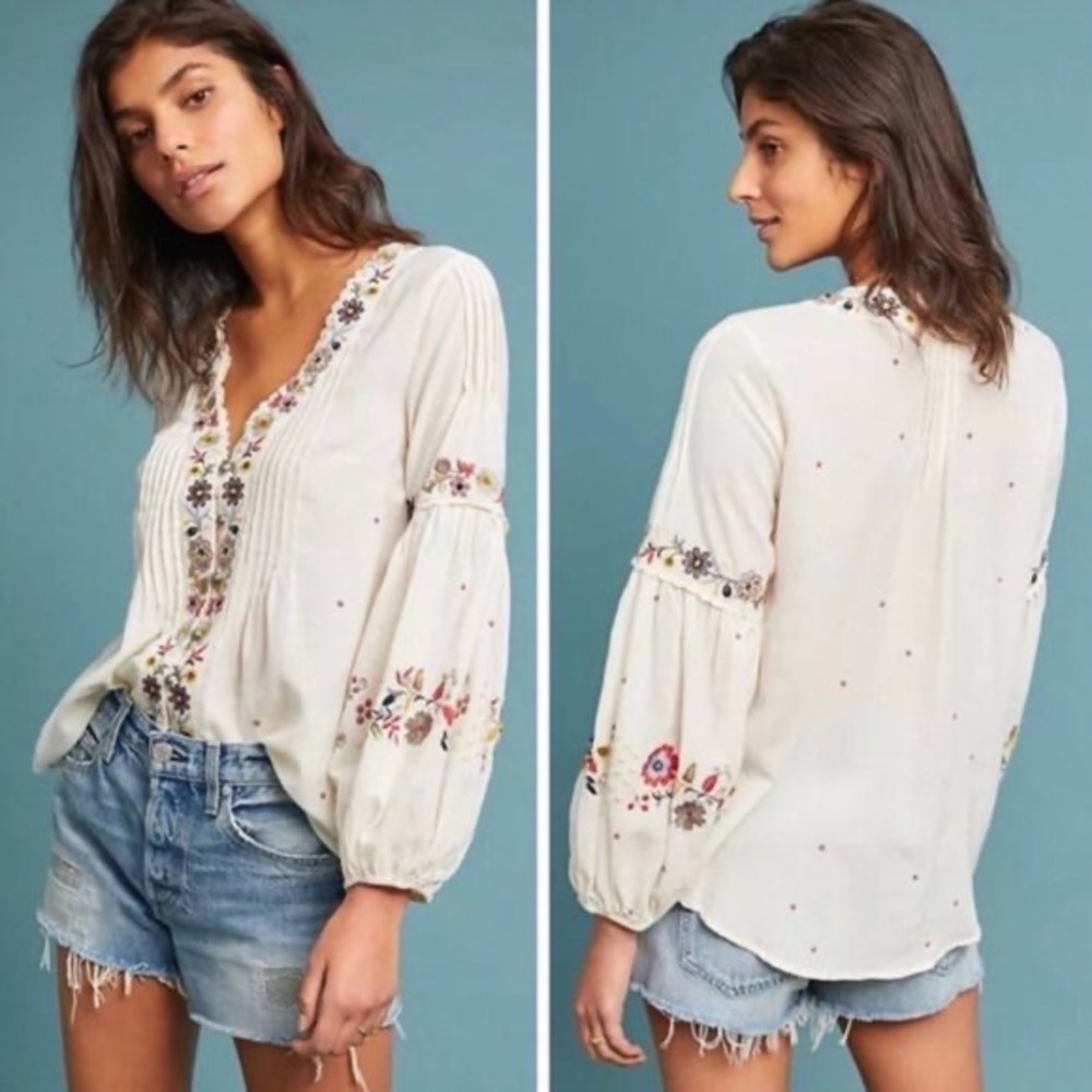 Anthropologie Vanessa Virginia Carthage Floral Embroidered Peasant Top - XS